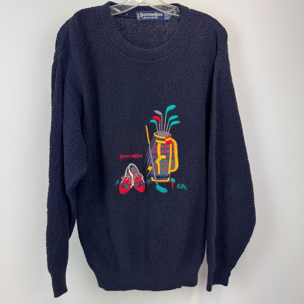 Vintage Scottish Isle Mens Medium‎ Navy Blue Golf Embroidered Cotton Sweater